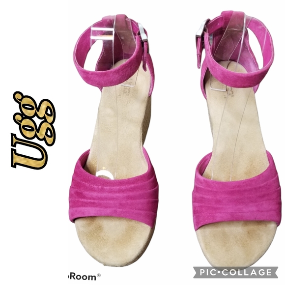 UGG Shoes - UGGS Fuchsia Pink Suede Insole & Uppers Jute Wedge Strap Espadrilles Size 8
